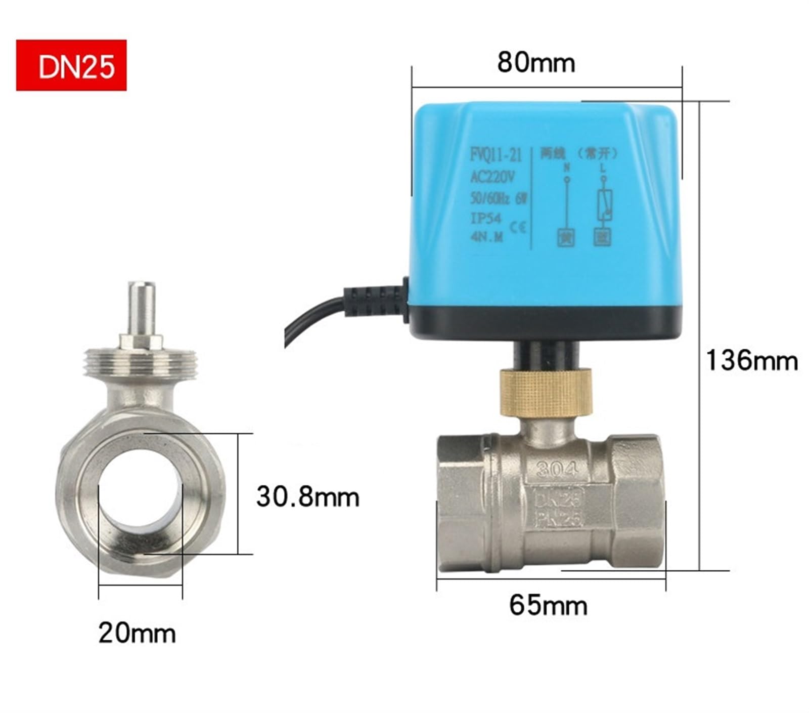 Normalnie zamknięty/otwarty zawór kulowy ze stali nierdzewnej DN25, zawór elektryczny 2 przewody 220V 12V 24V (220VAC-NORMALLY Closed)