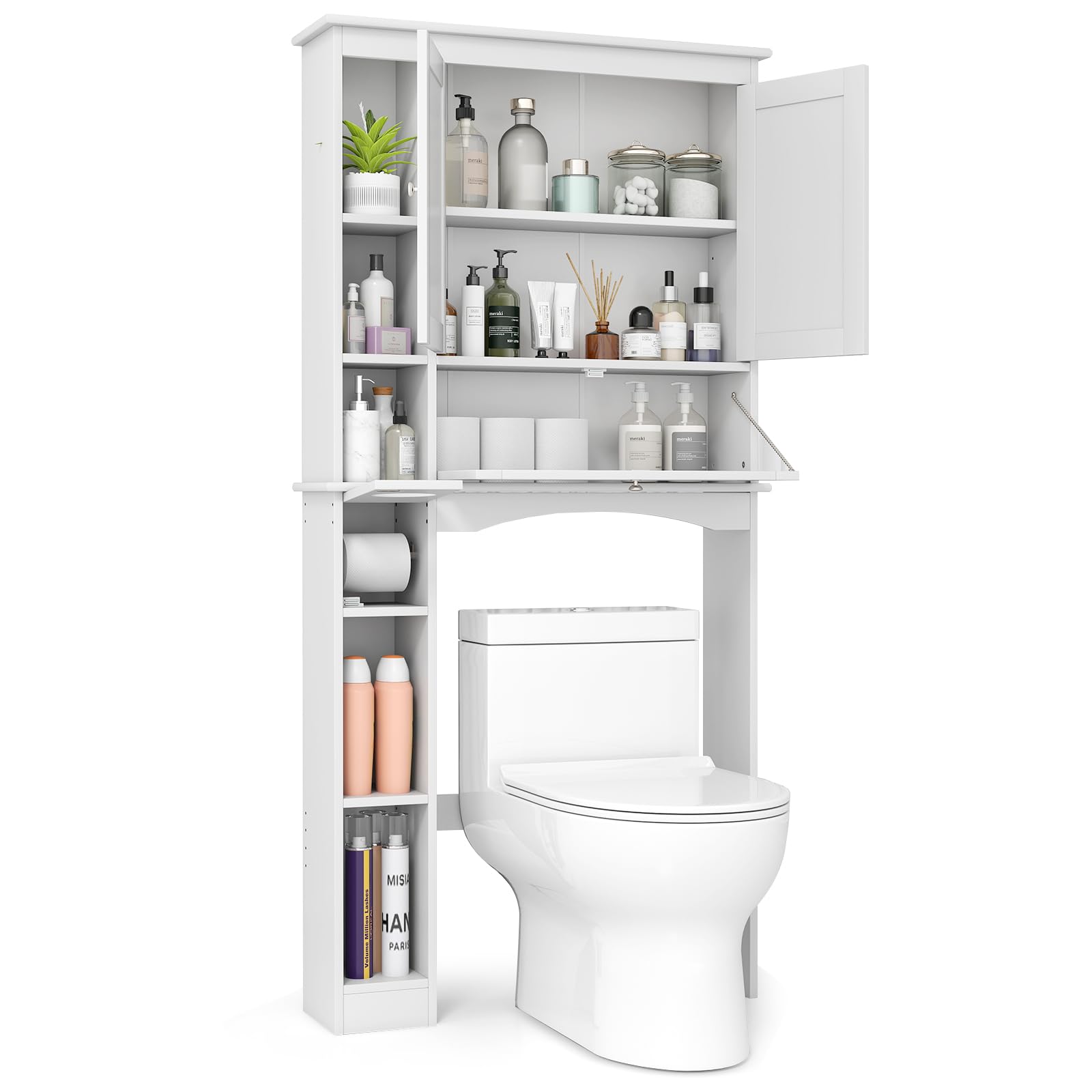 LIFEZEAL Estantería blanca para inodoro con 3 puertas y estantes ajustables, armario de baño independiente, armario de lavandería, 80 x 21 x 165 cm