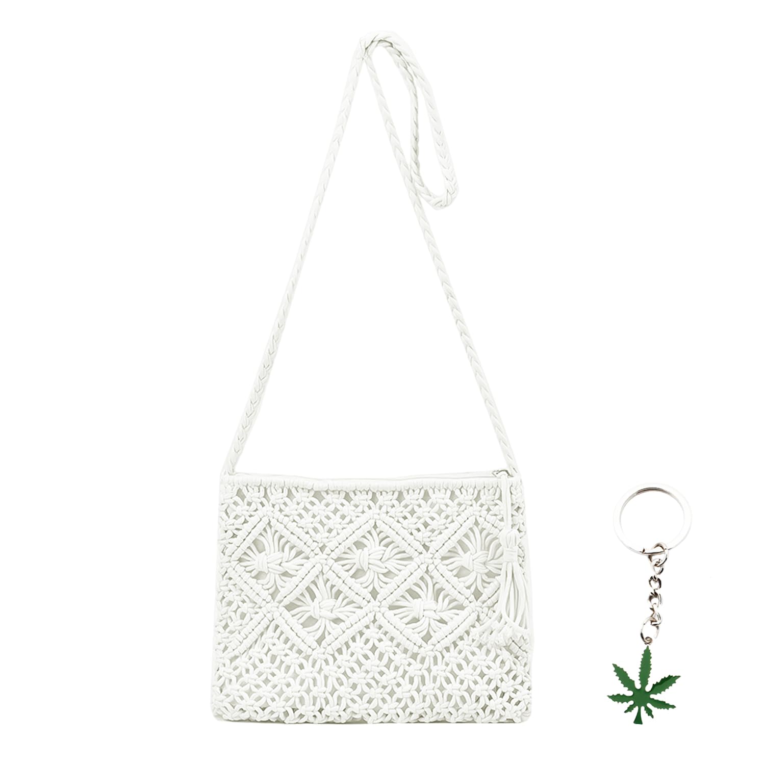 GVSAVY1 Tassel Woven Bag with 1 Maple Leaf Single Drop Keychain, Women's Handmade Tassel Shoulder Bag, Casual Messenger Bag, Bohemian Style Woven Bag for Travel, Party, Vacation (White)