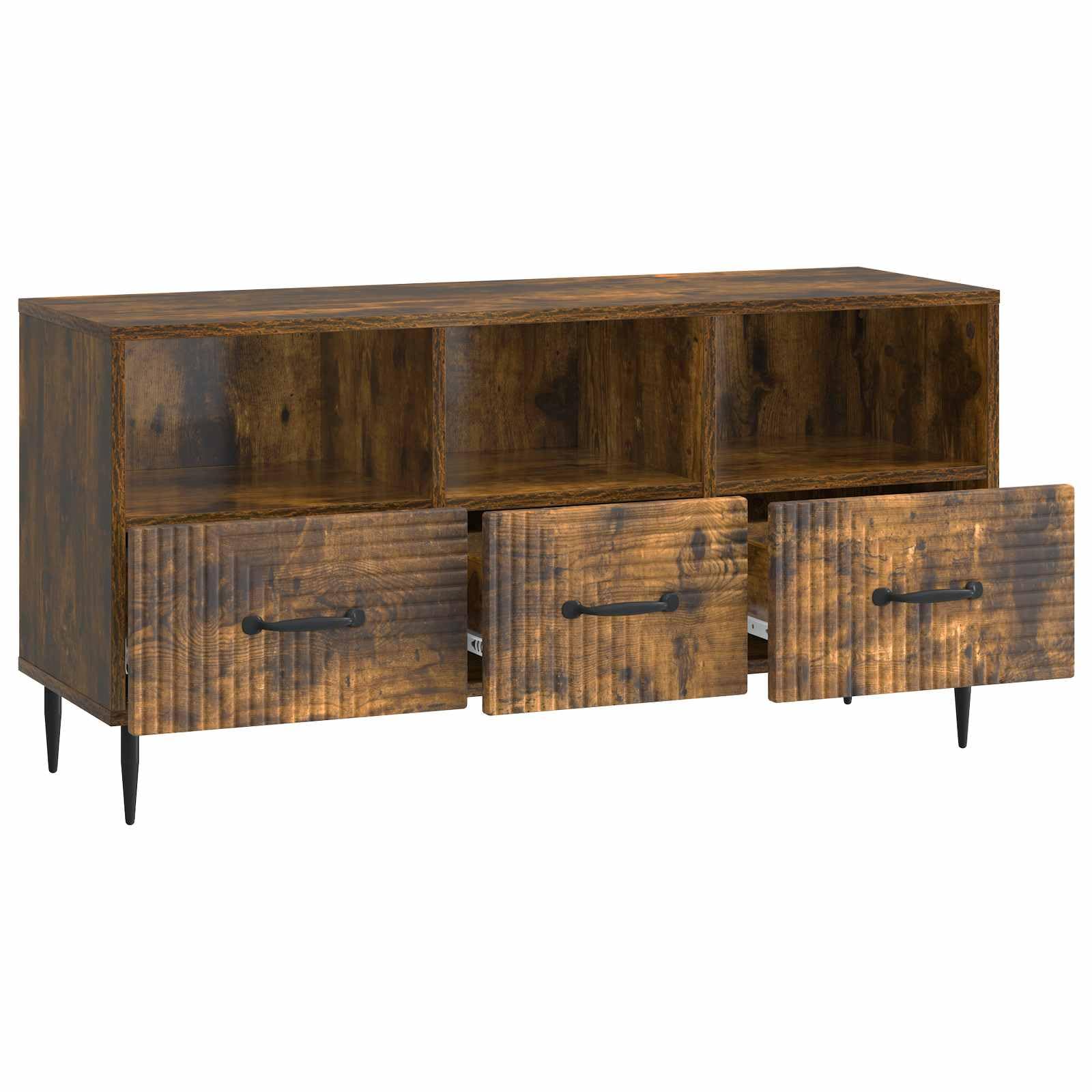 Szafka pod telewizor, dąb wędzony, 102 x 34,5 x 50 cm, materiał drewnopochodny z 3 szufladami, metalowe nogi czarne, meble multimedialne do salonu, kina domowego, porządek