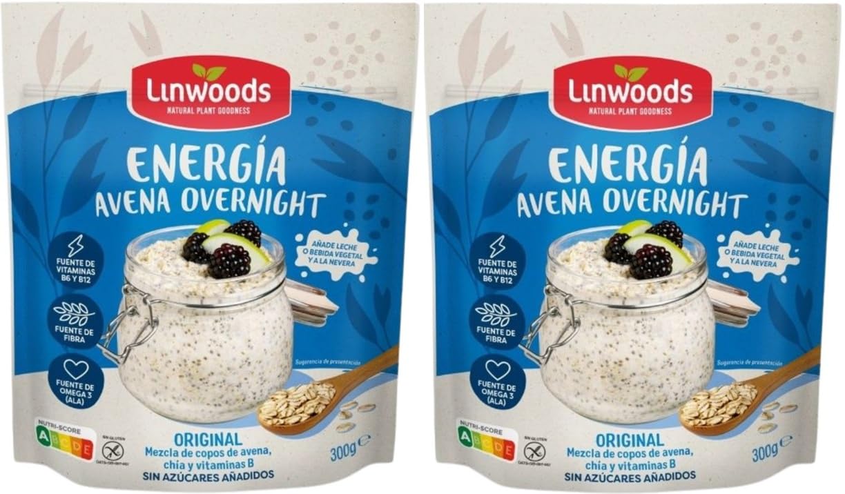 Linwoods Avena Overnight Energía Natural Sin Gluten 300g | Con Chía, Proteínas, Vitaminas B6, B12 y Magnesio | Desayuno Energético Vegetal