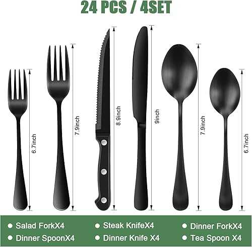 Miniatura 3 de Juego de cubiertos negros de 24 piezas juego de cubiertos negros juego de cubiertos juego de cubiertos de acero inoxidable de grado alimenticio para