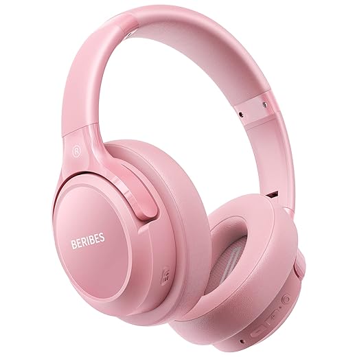 Bluetooth Headphones Over Ear,BERIBES 65H Playtime and 6 EQ Music Modes Wireless Headphones with Microphone, HiFi Stereo Foldable Lightweight Headset, Deep Bass for Home Office Cellphone PC Etc.(Pink)