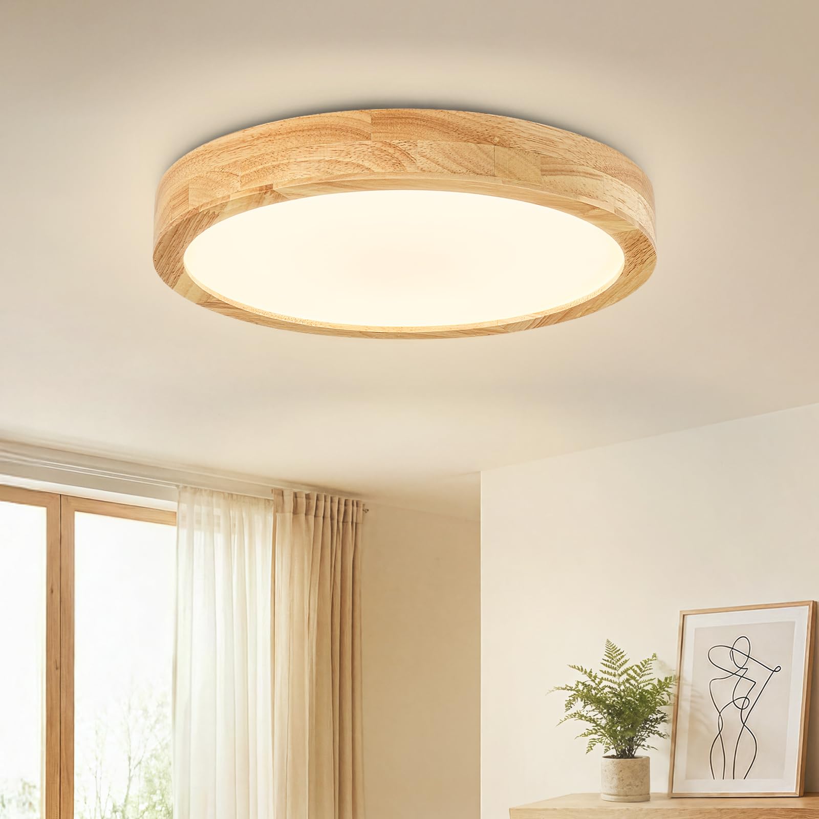 Dehobo LED Deckenleuchte 24W Rund ∅ 30 cm, Moderne Deckenlampe Holz sandweiß