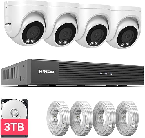 H.VIEW Sistema de cámara de seguridad 4K PoE NVR, 4 cámaras PoE con cable de 8 MP resistentes a la intemperie, detección inteligente de personas,