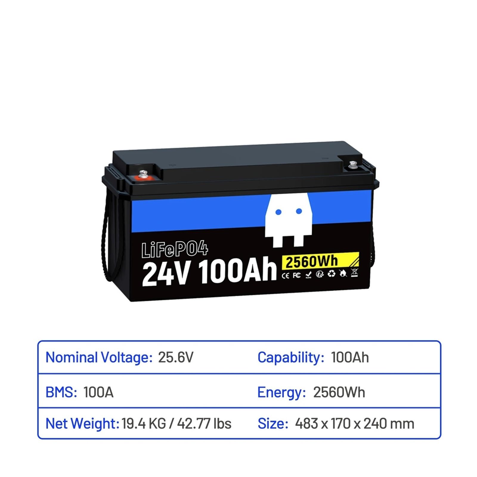 Batteria al litio LiFePO4 da 24 V e 100 Ah integrata con BMS da 100 A, oltre 15.000 cicli for sistema solare domestico(1pcs charger)