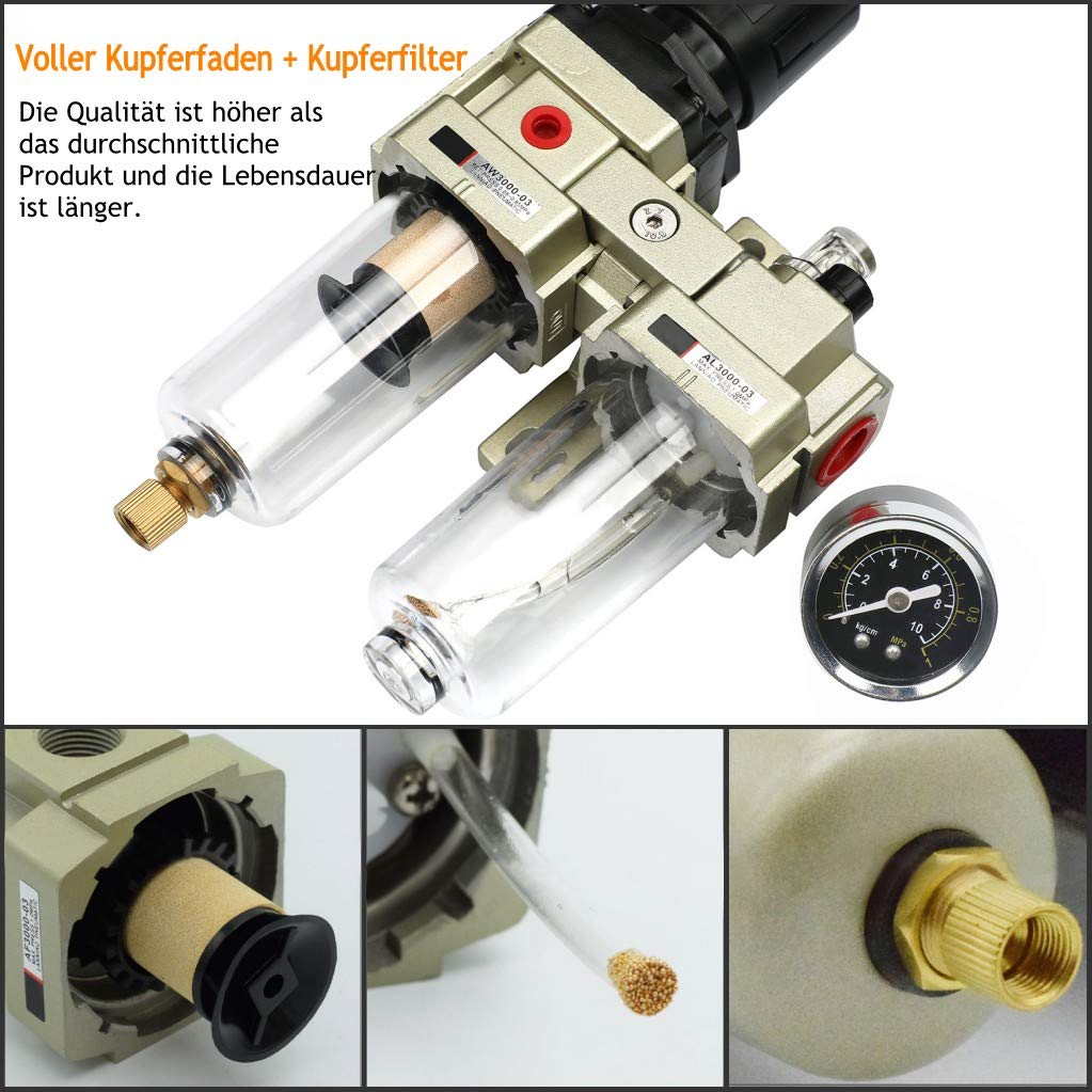 Wasserabscheider Druckminderer Druckluftregler für Druckluftkompressor,1/4 Zoll Filter und Ölnebel mit Becherabdeckung