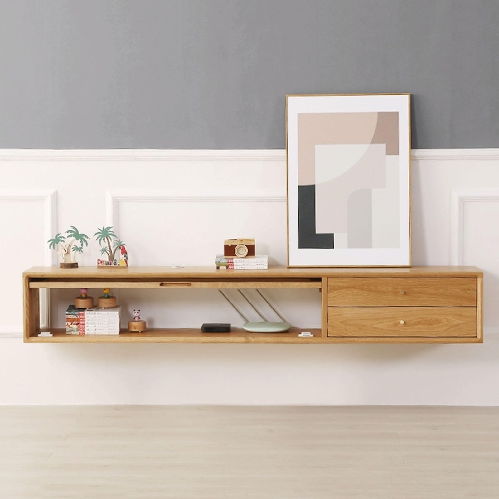 Mueble TV Mueble de TV for colgar en la pared Mueble de TV flotante for montar en la pared con 2 cajones de almacenamiento grandes y un estante abierto con puerta de vidrio Consola de TV Mesa colgante