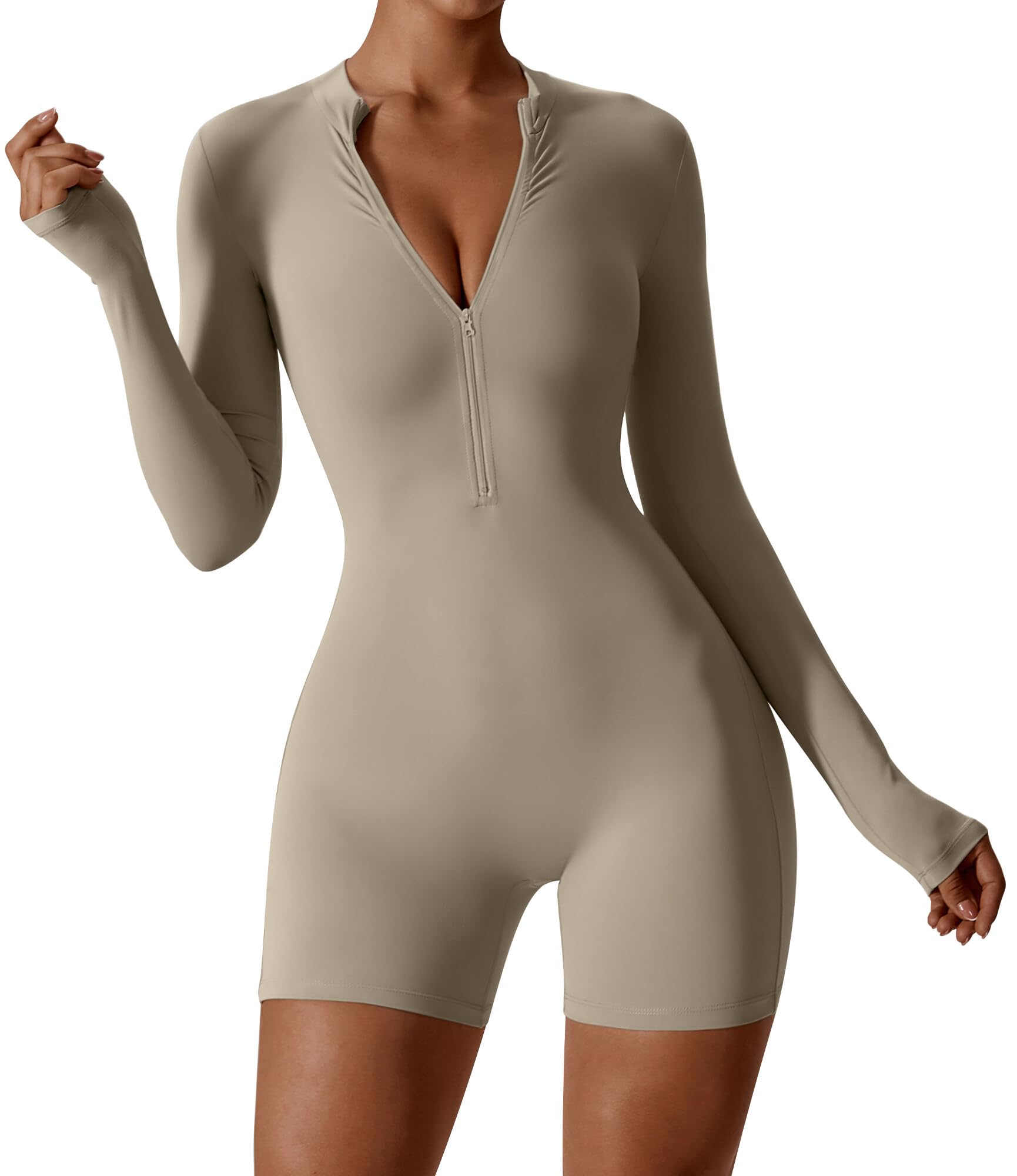 SEAUR Sportieve jumpsuit voor dames, kort, nauwsluitend, voor yoga, bodysuit met 1/2 rits, zacht, met stretch, eendelig, sportpak, voor sportschool, fitness, joggen, Bruin, L