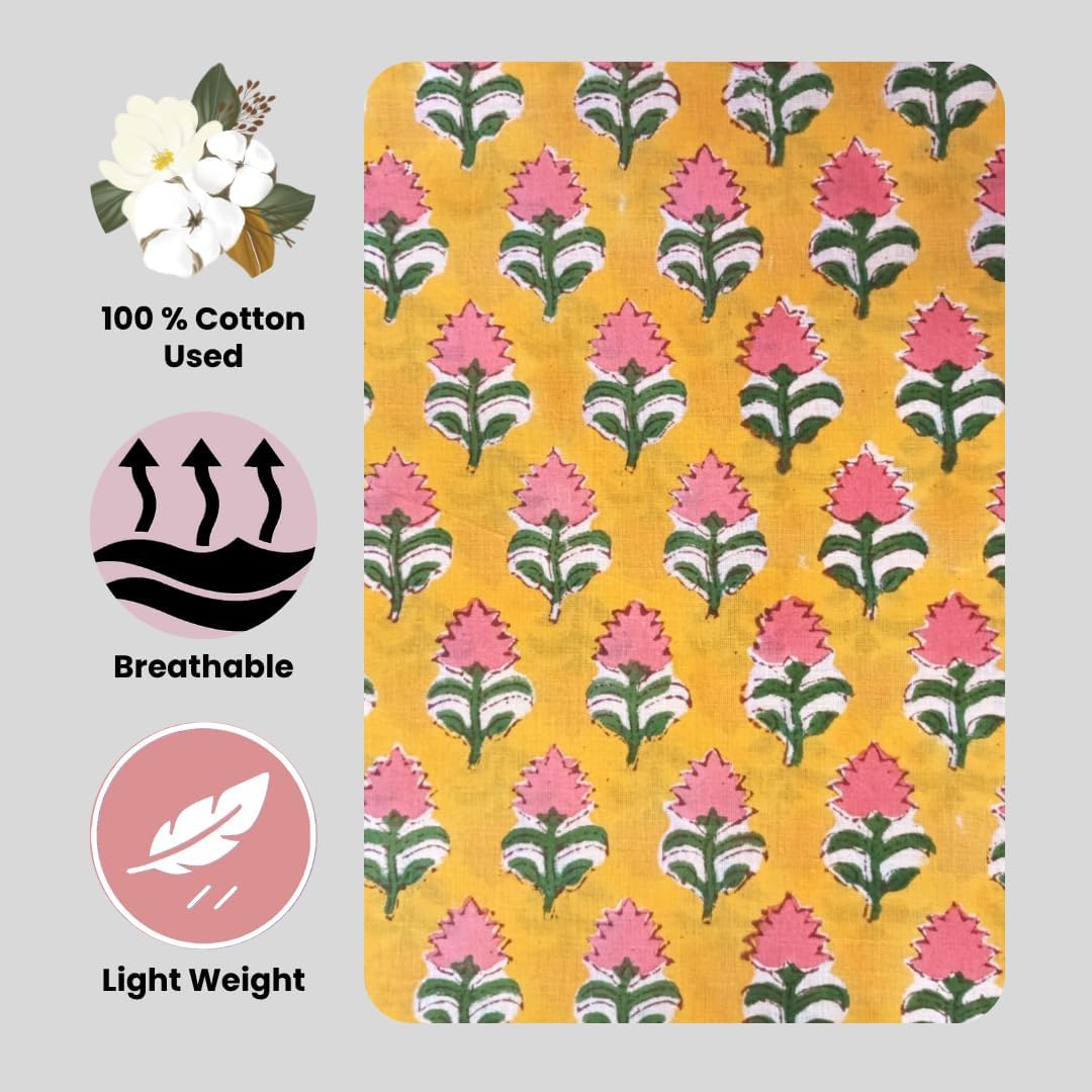 COTSILER Hand Block Print Fabric by The Yard PRECUT 42 Inch Width100% Cotton Material Light Weight Indian Cloth for Making Summer Dress Tops Indian Fabric for Crafting Home Decore. (Design 9, 3 Yard)