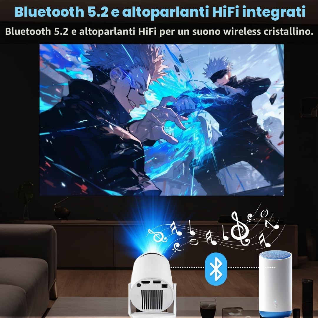 Mini Proiettore Portatile 4K con Android TV 11, WiFi 6 e Bluetooth 5.2, 170 ANSI Lumen – Smart Proiettore Compatibile con Smartphone, TV Stick, PC – Home Cinema HD, Compatto e Facile da Usare
