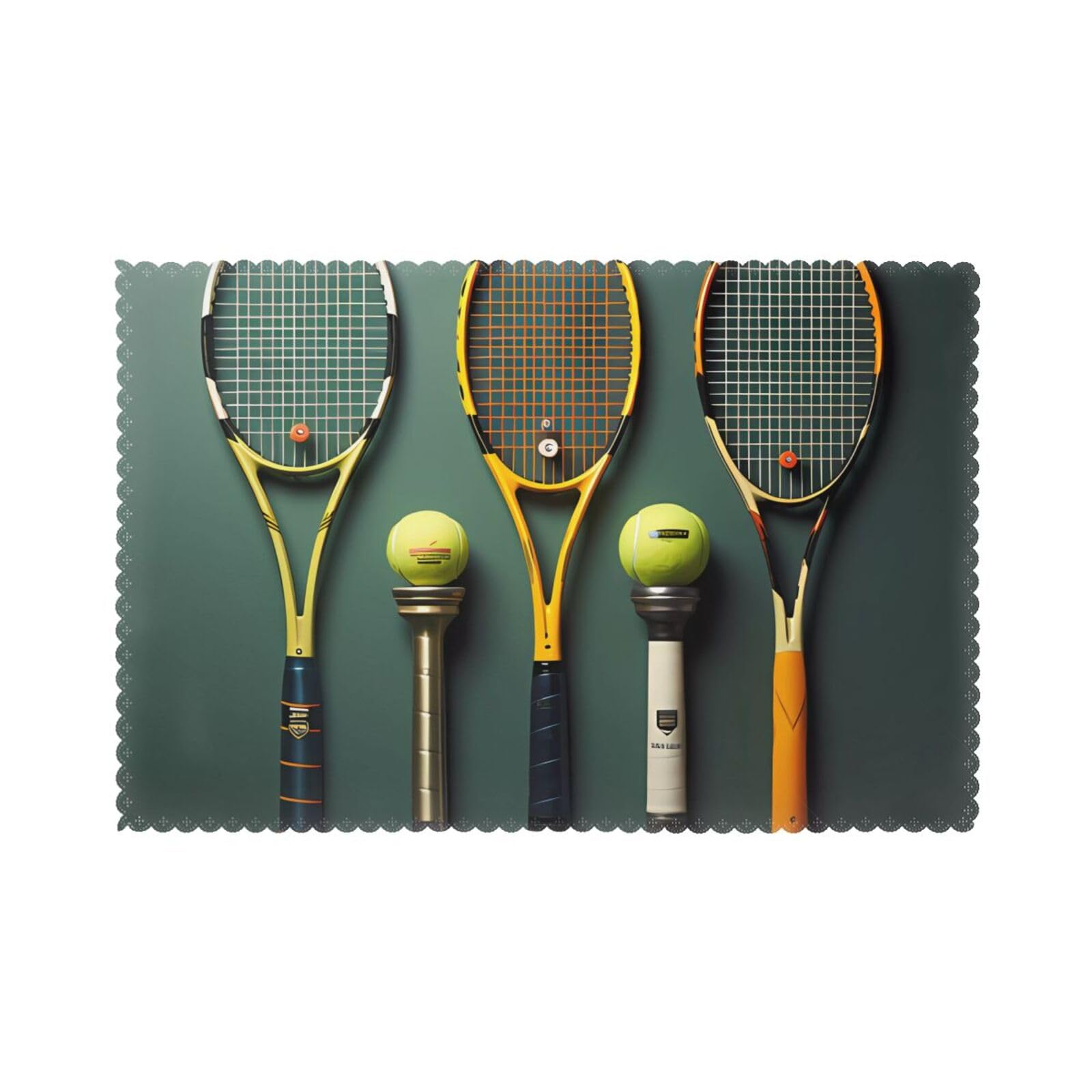 Tennis balls and rackets Placemat set of 6, oil-proof and insulated dining table placemats, washable and wipeable.