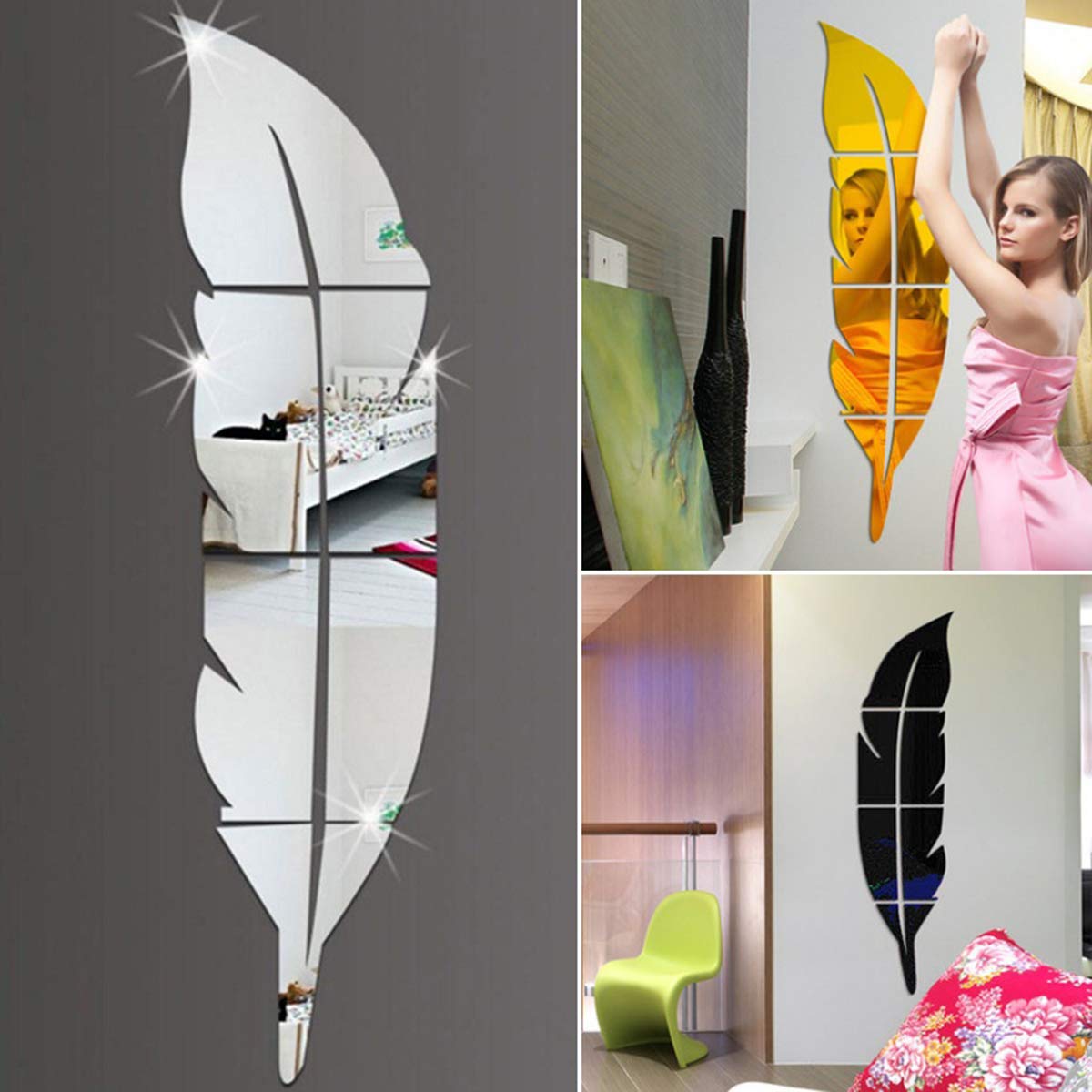 Stickers Miroir Plumes 3D Linian - Déco Murale Adhésive Amovible (120x30 Cm)