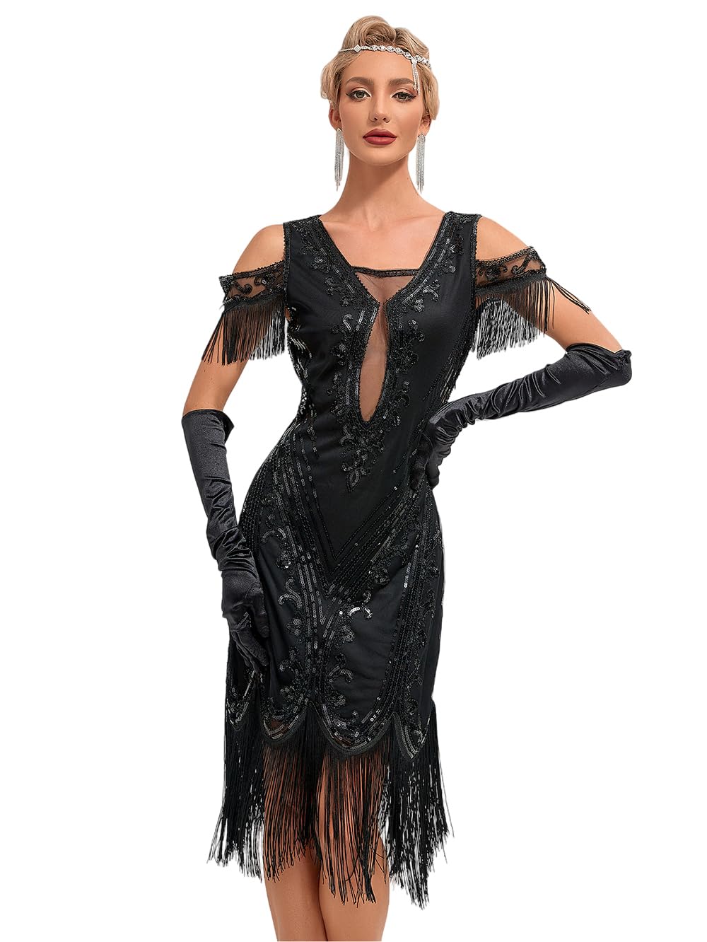 Viloree Femme Flapper 1920s Robe Soirée Longue Paillette Perlée Gatsby Robe Élégante