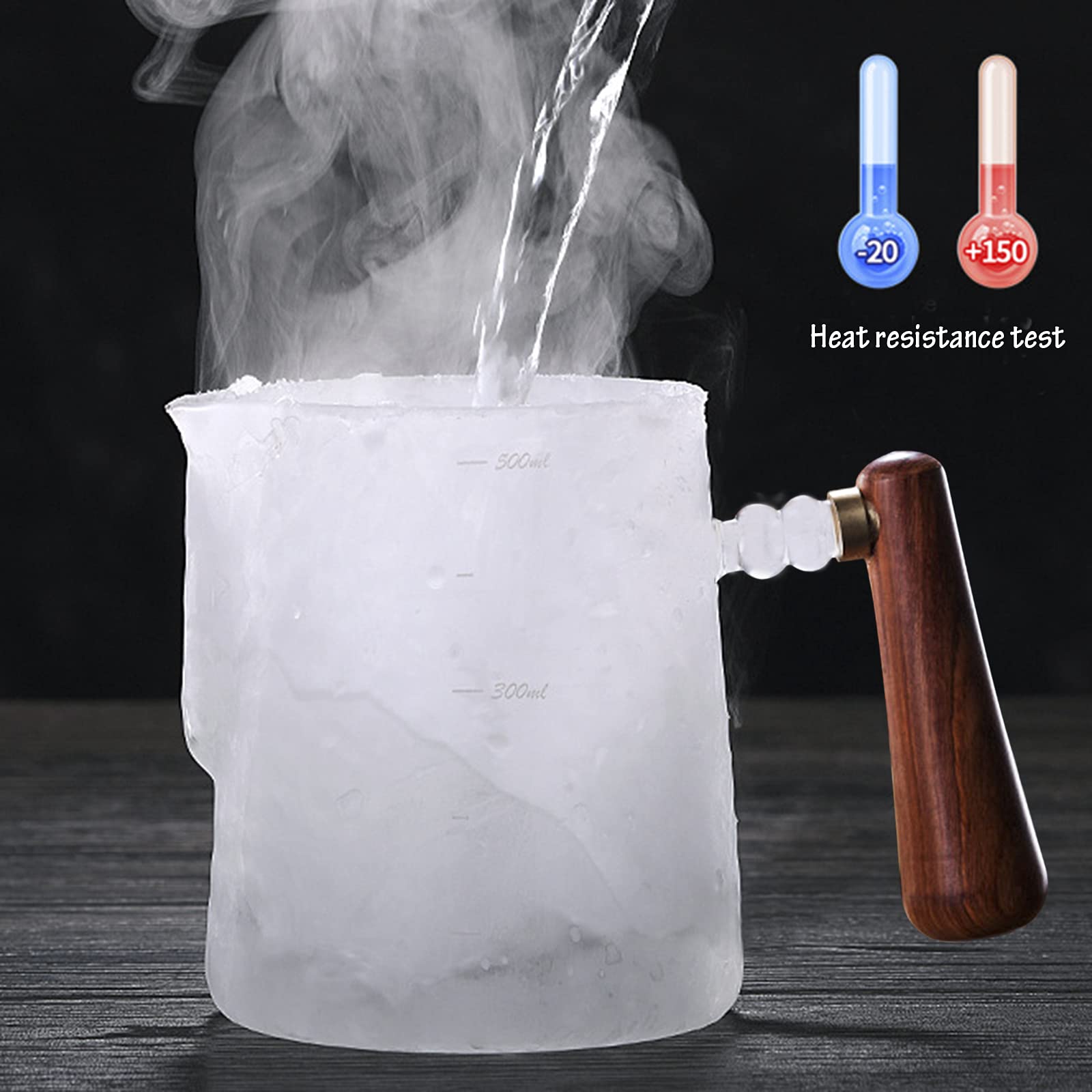 Thickened Hand Hammered Glass Creamer Pitcher with Wooden Handle 17Oz 500ML Coffee Milk Frothing Cup Clear Measuring Scale — view 5