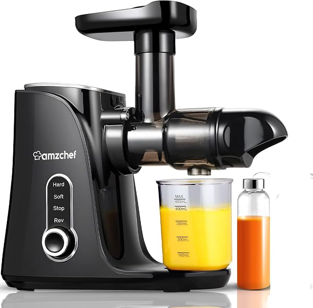 AMZCHEF Cold Press Juicer - 90% Juicing Rate - Masticating Juicer Whole Fruit and Vegetable - Slow Juicer with 2 Speed Modes - Juicer Machine with Reverse Function for Smoother Juicing - Black