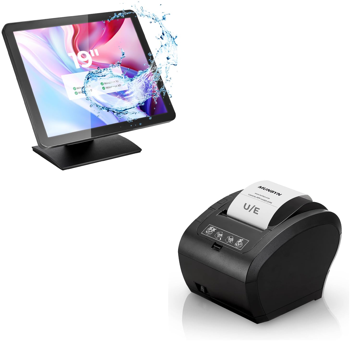 MUNBYN 19-inch POS-Touchscreen-Monitor, POS-Systems-for-Small-Business, and POS Printer, Receipt Printer USB Ethernet 80MM Thermal Printer P047, Impresora térmica