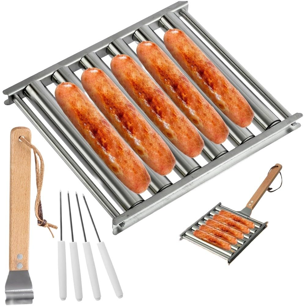 Hot-dog zestaw do grillowania ze stali nierdzewnej z drewnianym uchwytem