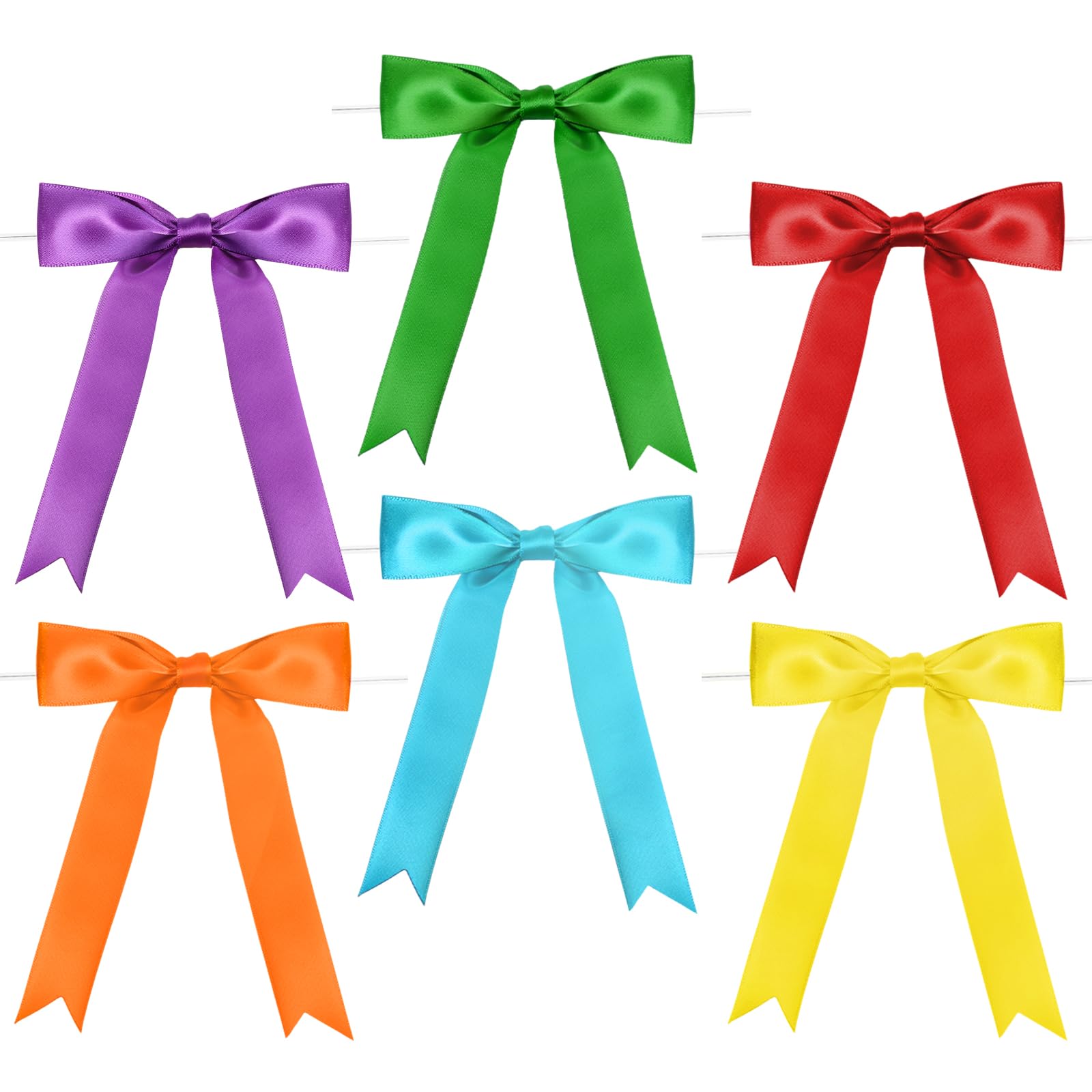 Riceshoot 72 Pcs Twist Tie Bows 5x7 Inch Large Satin Ribbon Bow for Gift Wrapping 6 Colors Pretied Premade Craft Rainbow Bows for Cake Treat Bags DIY