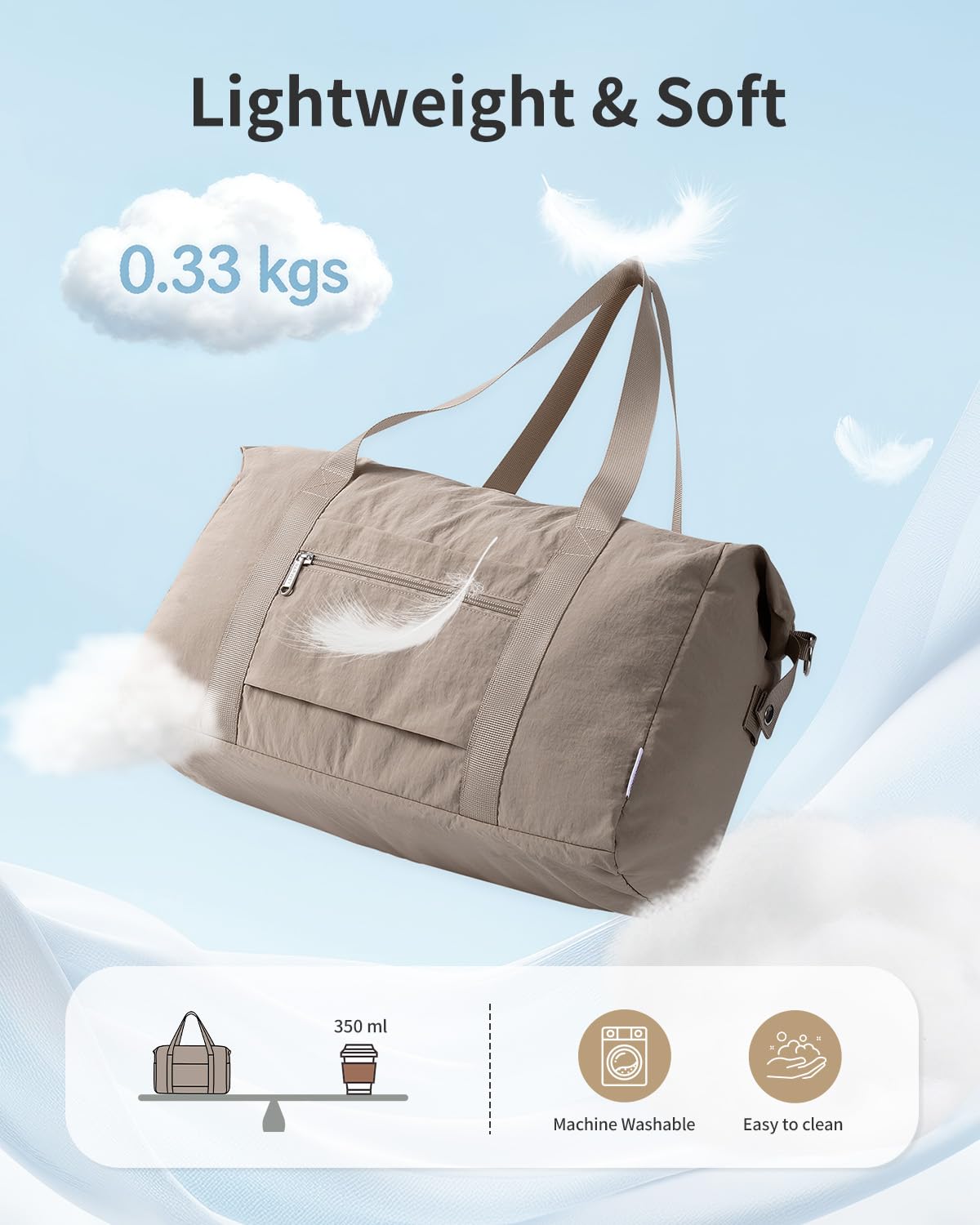 Narwey Travel Duffle Bag for Women, Lightweight Weekender Sports Gym Tote Bags for Women, Personal Item Travel Bag Airplane, Foldable Overnight Hospital Shoulder Bag for Women Travelling 25L (Khaki) — view 4
