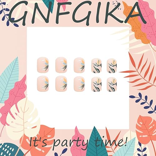 Miniatura 2 de 24 piezas de uñas postizas cortas cuadradas con flores, uñas con pegamento con diseños, uñas acrílicas cuadradas cortas para mujeres y niñas, 24