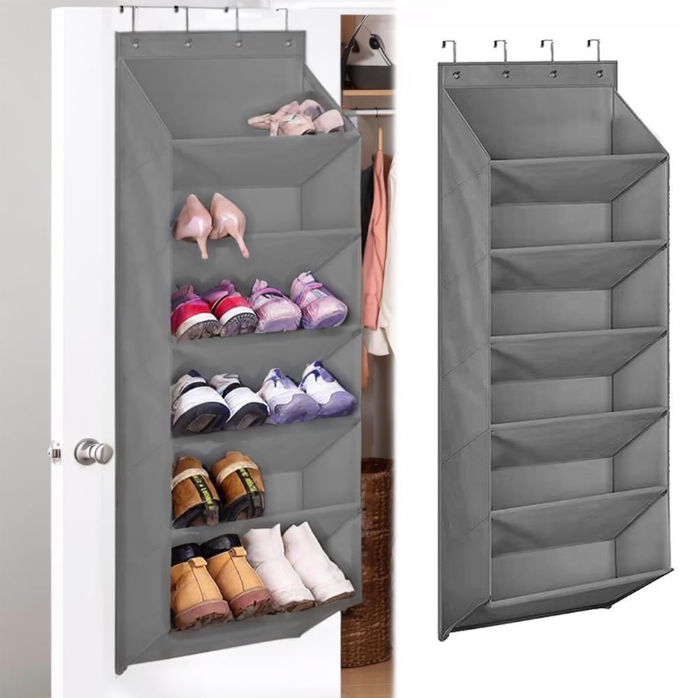 Over Door Shoe Storage,Hanging Shoe Storage Back of Door with Deep Pockets,Space Saving Wall Mounted Organiser for Narrow Doors,Closet and Dorm,Fit 16-18 Pairs Sneakers or Boots (Grey 6 Layer)