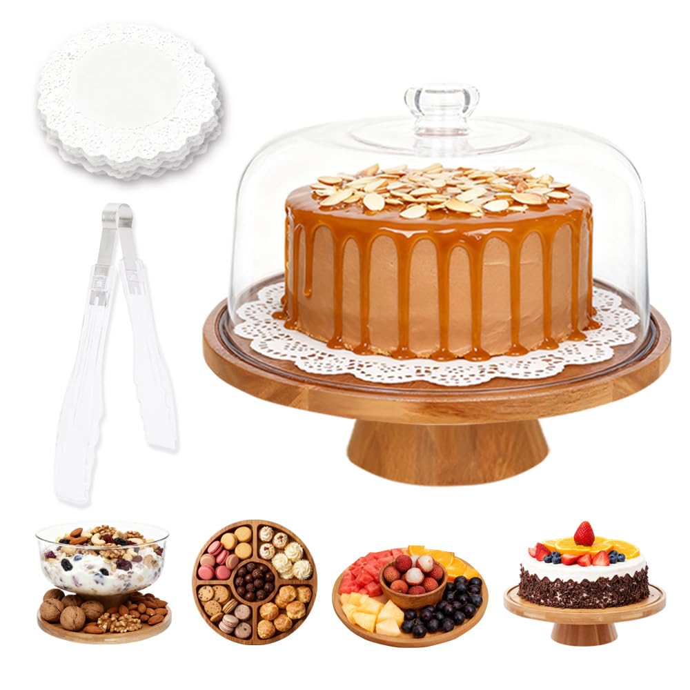 Plato para tartas con tapa, soporte para tartas con pie, placa redonda 4 en 1, campana de madera de 29 cm, plato para tartas, incluye papel de horno y pinzas de cocina, soporte para tartas