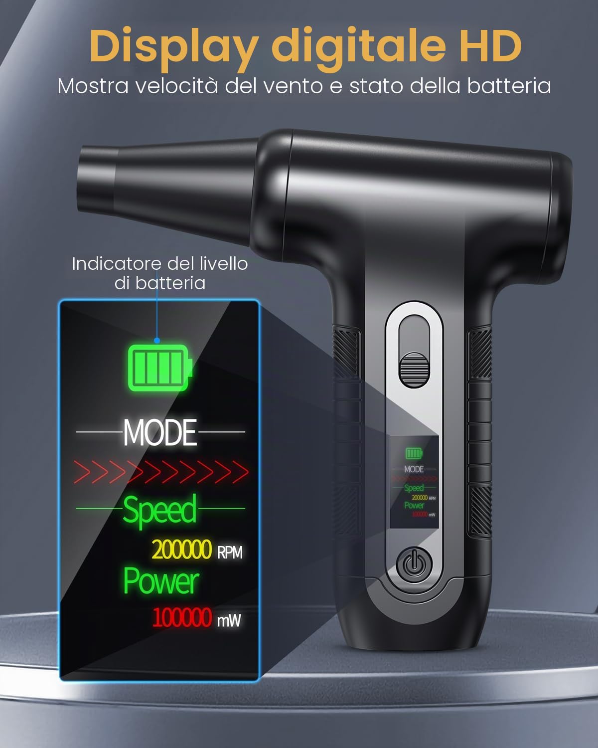 Aria Compressa Elettrico Pulizia PC con Display Digitale HD - Air Duster 200000 RPM, Mini Soffiatore a Batteria 6000 mAh, Rimuovi Polvere Bomboletta Aria Compressa Spray per Ufficio Auto, W06, Nero