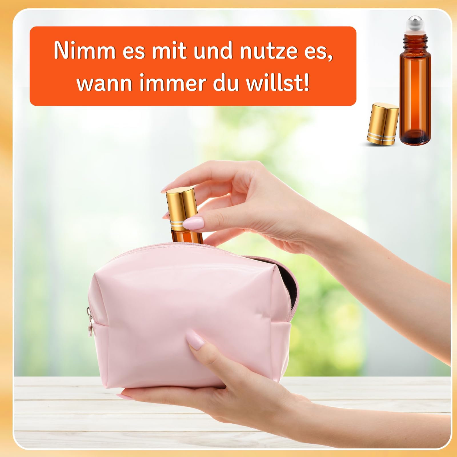 50 bottiglie Roll-On da 10 ml, in vetro ambra, ricaricabili, con sfera in acciaio inox, per oli essenziali, profumi e cosmetici, inclusi 5 tramoggia