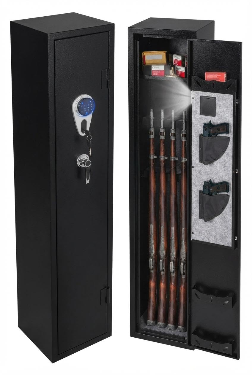 5-6 Gun Safes, Gun Cabinet for Rifles and Pistols, Quick Access Rifle Safe with Removable Shelf, Multifunction Lock, Pistol Pockets for Home Office