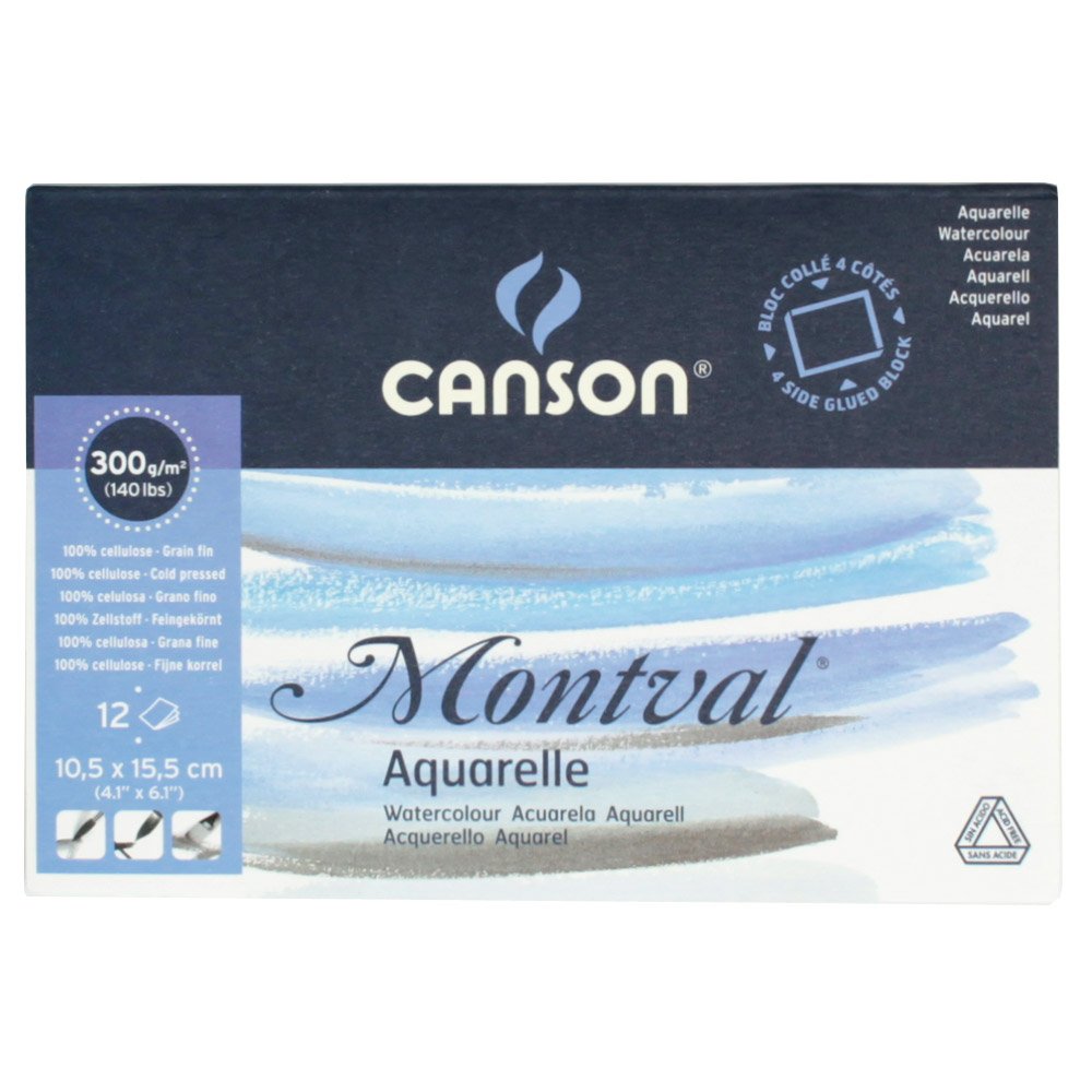 Canson200006532 AQ Montval Fine Watercolour 300 g/m² 12 Sheets per Pad Glued All-Round 10.5 x 15.5 cm White