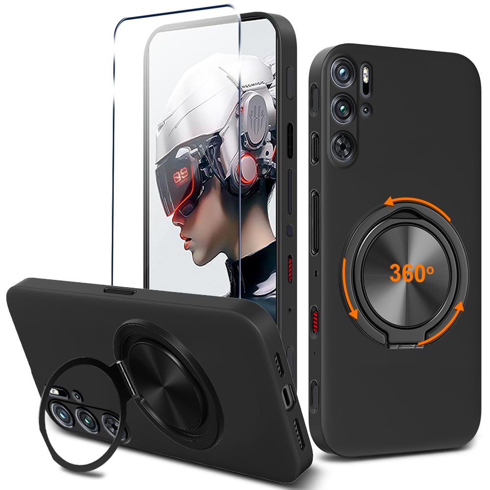 Compatible for Nubia Red Magic 9 Pro / 9 Pro+ Phone Case with Screen Protector, 360° Rotatable Ring Holder Kickstand Silicone TPU Shockproof Protective Cover Case - Black