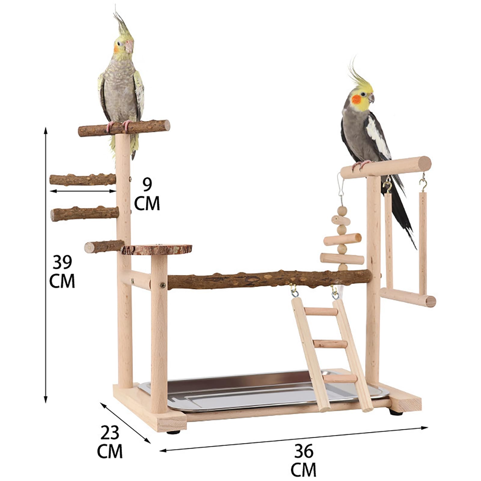 RoseFlower Wooden Bird Playground, Parrot Playstand with Perches, Ladder, Swing, Feeder Cups, Tray for Conure Parakeets - Image 2