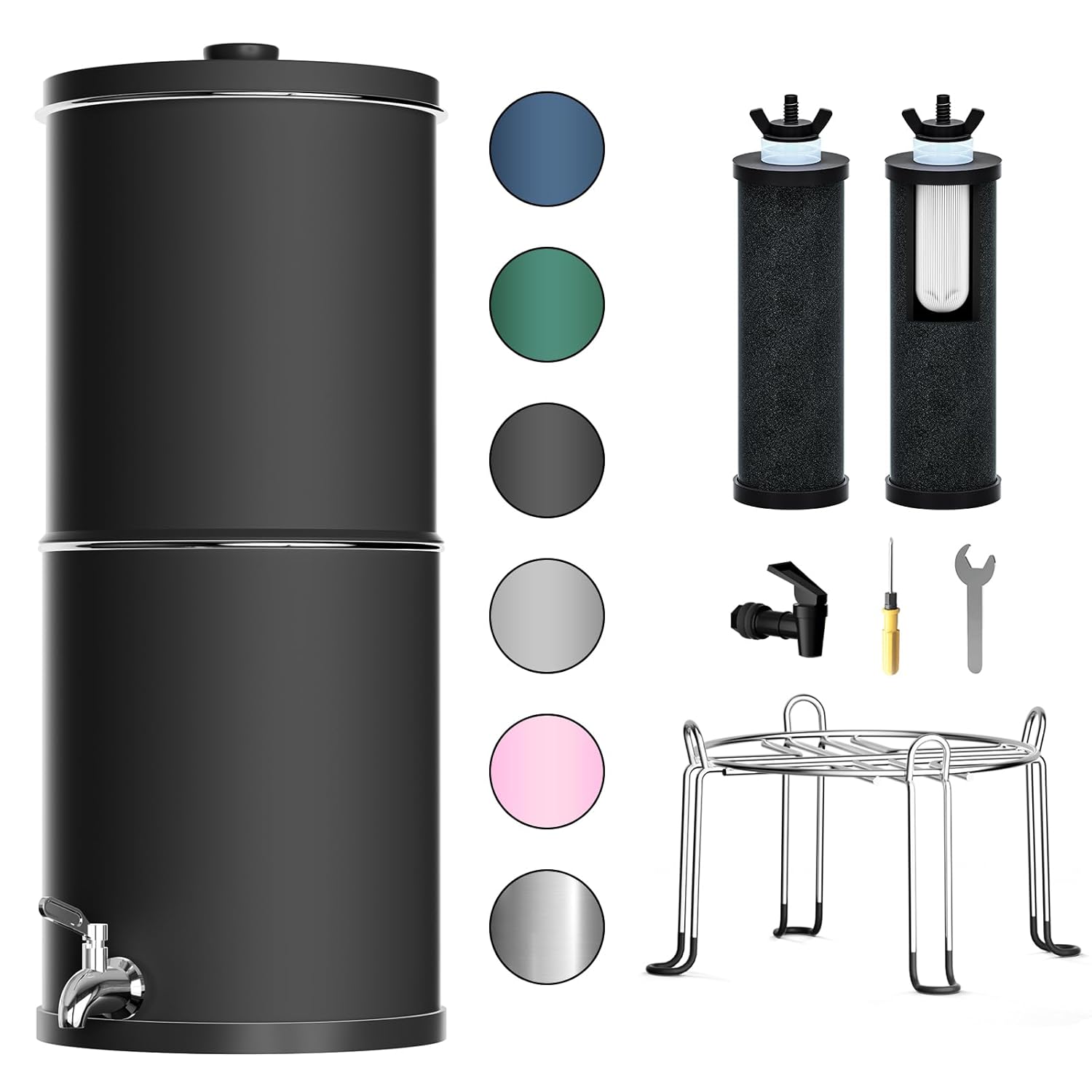 Purewell 3-Stage 0.01μm Ultra-Filtration Gravity Water Filter System, NSF/ANSI 42&372 Certification, 304 Stainless Steel Countertop System with 2 Filters and Stand, Reduce 99% Chlorine, 2.25G, PW-OB Basic * Carbon Black