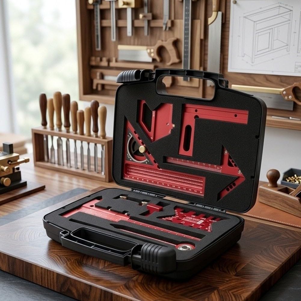 Kit de herramientas de diseño de aleación de aluminio para carpinteros con regla de ángulo cuadrado, regla de cola de milano, centro de escritura y herramientas de marcado (9 piezas)