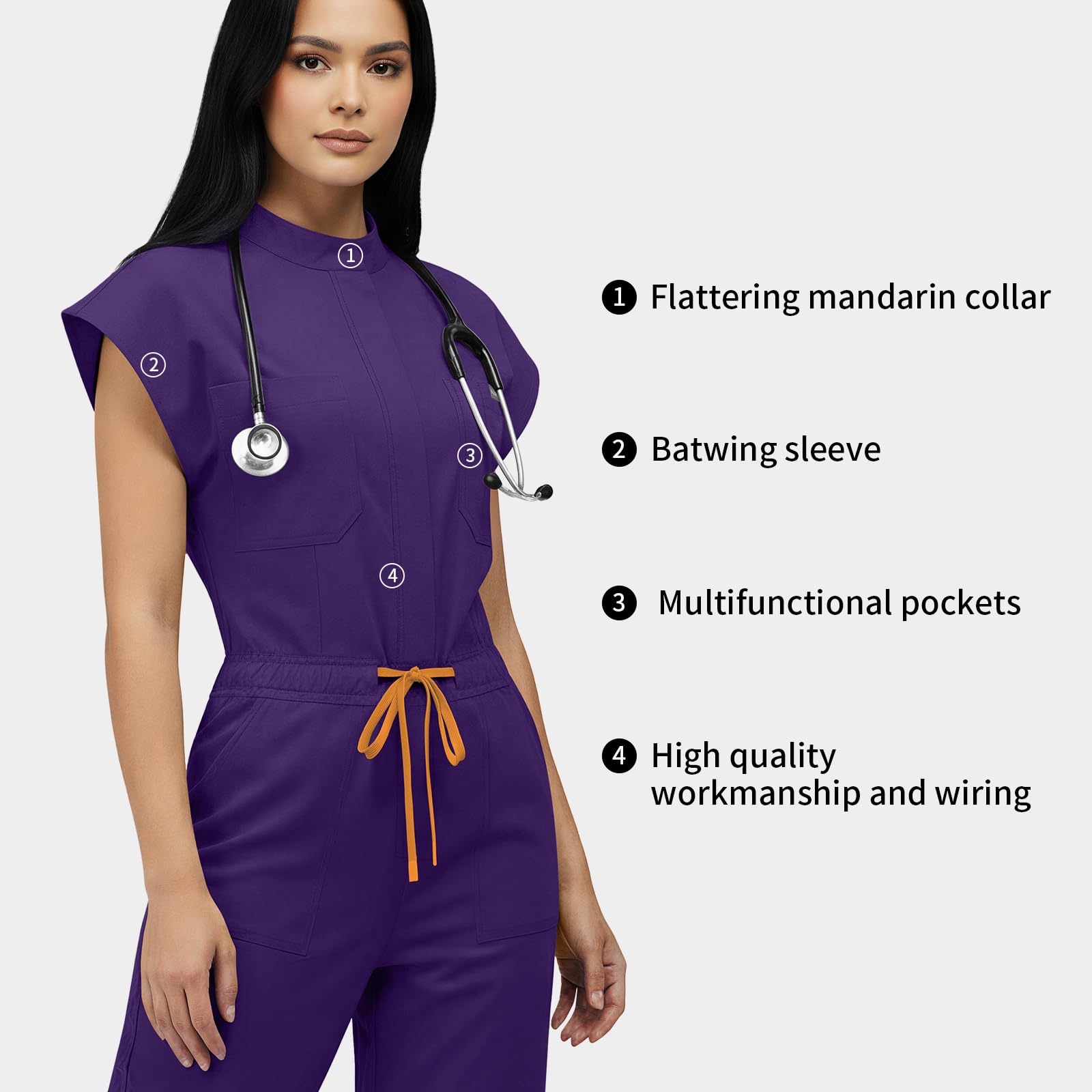 VIAOLI Women's Medical Scrub Jumpsuit - Mandarin Collar, with Drawstring Waist for Nursing Uniforms - 3