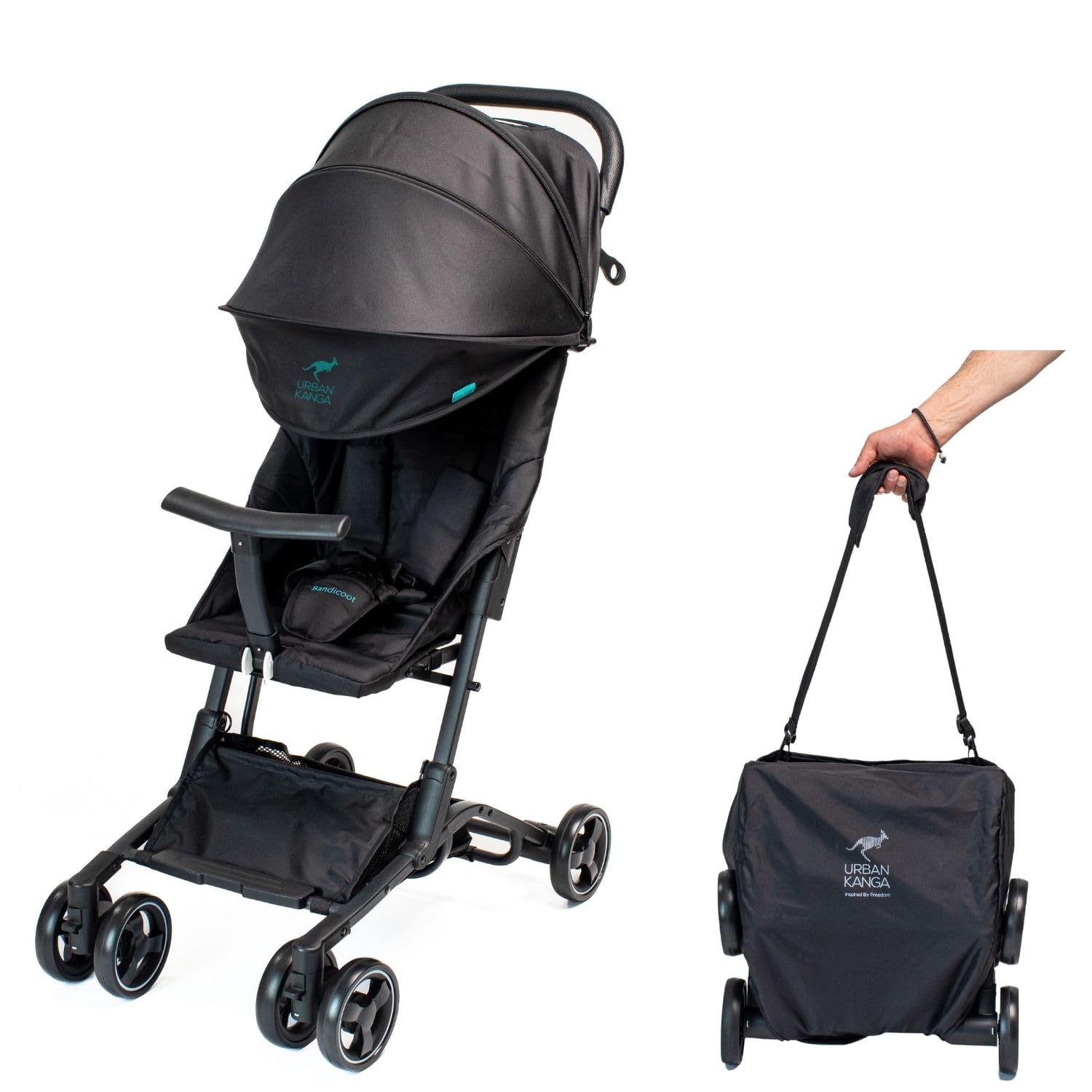 Urban Kanga Bandicoot Reisebuggy fürs Flugzeug-Handgepäck – Ultraleichter kompakter Buggy bis 22 kg, faltbarer Kinderbuggy mit Transporttasche & Schultergurt (Midnight Black)