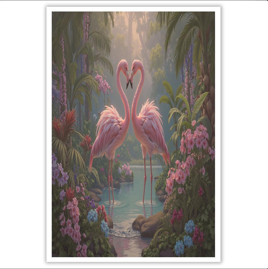 DLERFLOVR Impressions sur Toile 70x100cm, Flamants Roses Romantiques Tableau Decoration Murale Fleurs Forêt Tropicale Humide Tableaux Decoratifs Muraux Sans...