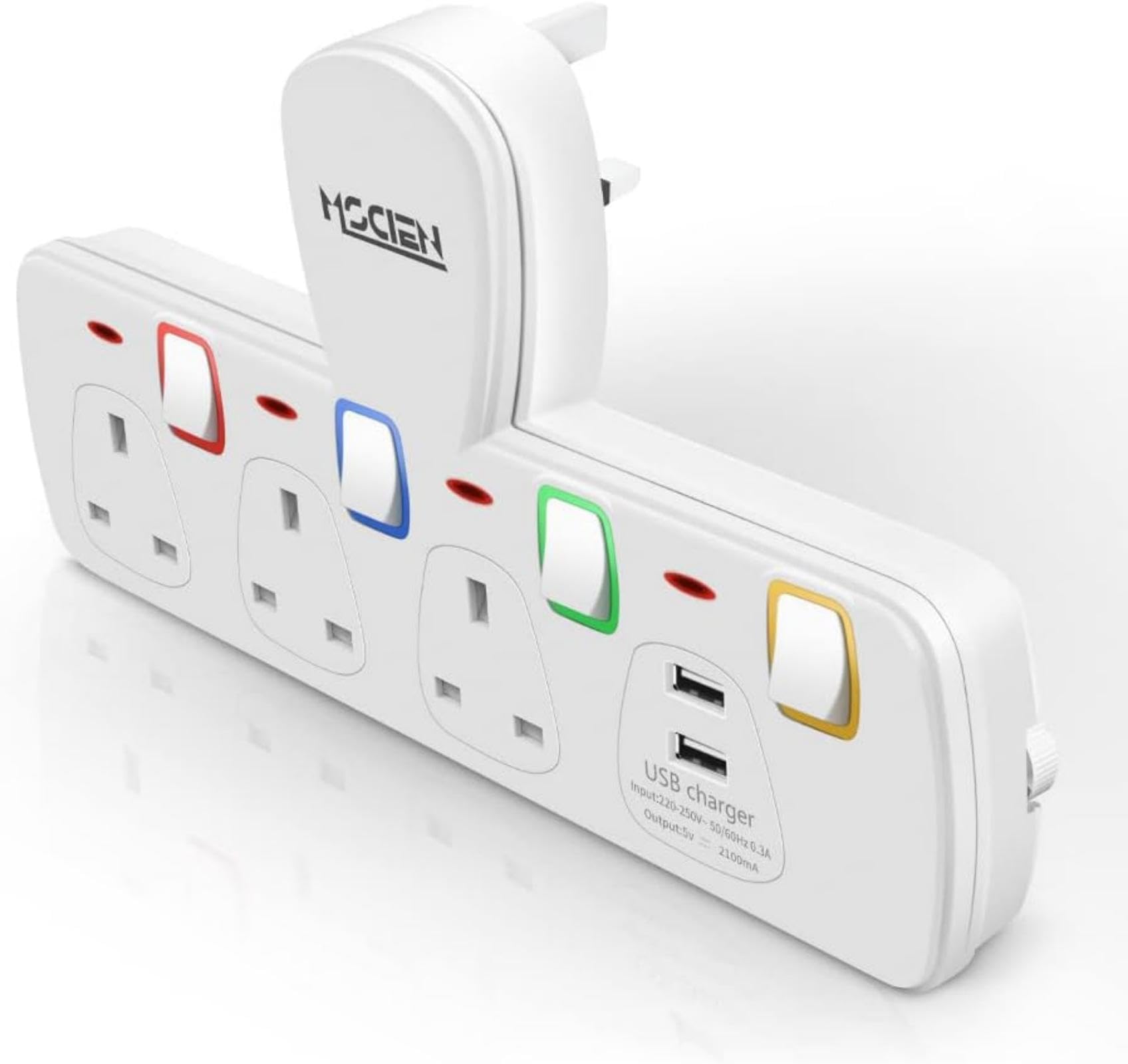 Mscien 3 Way Plug Extension Socket with 2 USB Ports, Individually Switched 5 in 1 Multi Plug Adaptor, 3 AC Outlet Wall Plug Adapter UK Extender for Home, Office and Kitchen, White
