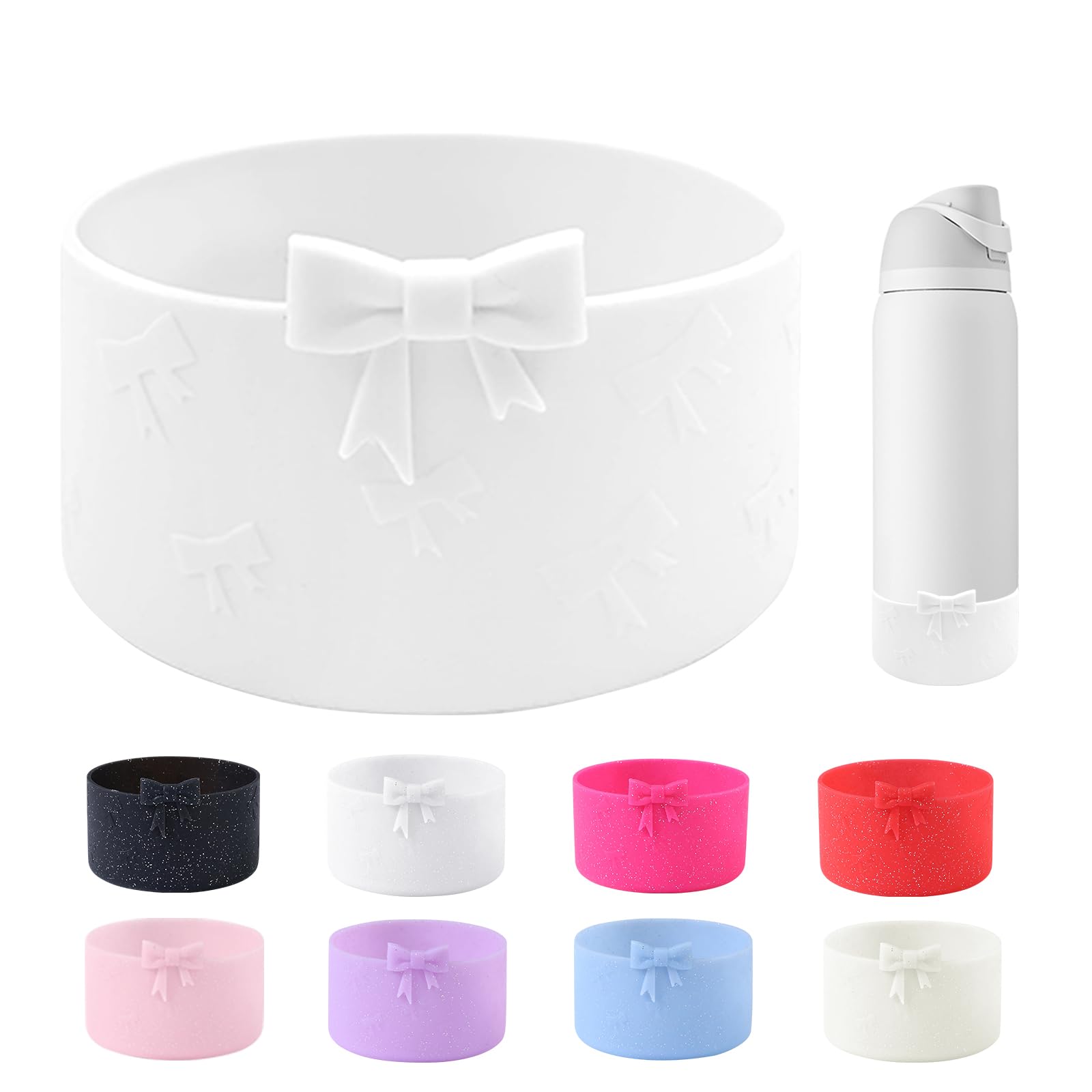 YAYAYOUNG Bow Silicone Boot for Owala 32oz Water Bottle,Anti-Slip Protective Sleeve Bottom Bumper Protector for FreeSip, Twist, and Flip Stainless Steel Water Bottles Accessories-White