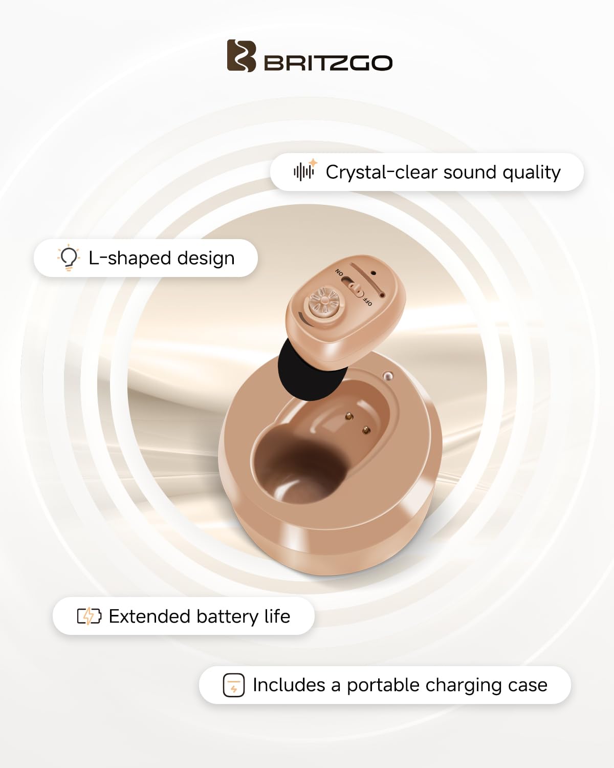 Britzgo 1607 Soporte de sonido recargable en la oreja, batería de larga duración de 35 horas, carga rápida USB, reducción de ruido inteligente, diseño ergonómico en forma de L, funda de carga portátil