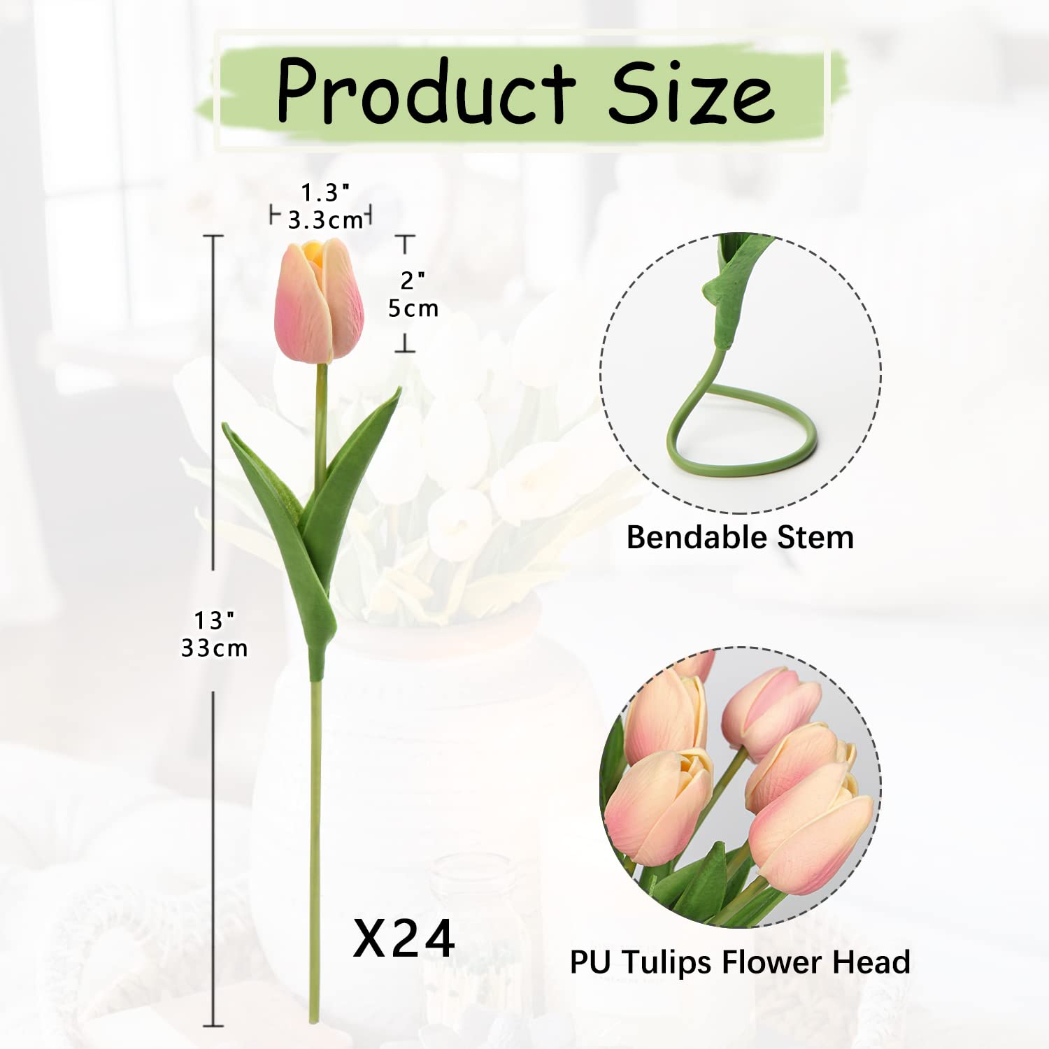 Hollyone 24PCS Tulips Artificial Flowers, Pink Faux Tulips that look Real - Image 2