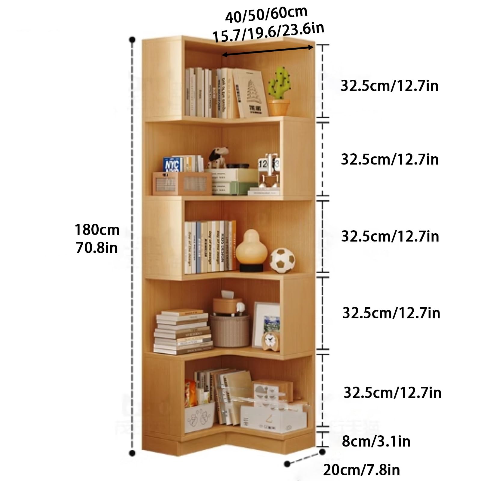 Eckregal im Vintage-Stil mit 5 Ebenen, rustikales Präsentationsregal für das Wohnzimmer, hohe Bücherregale, Aufbewahrung aus Naturholz, Moderne Wohndekoration, 60 cm