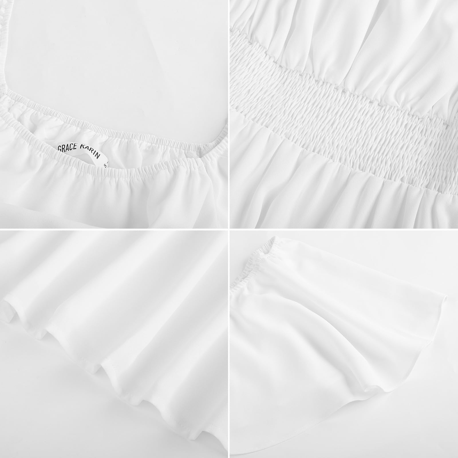 GRACE KARIN Robe Longue Élégante Femme Col Carré Manches Courtes Volantées Taille Haute Robe de Cérémonie Blanc M