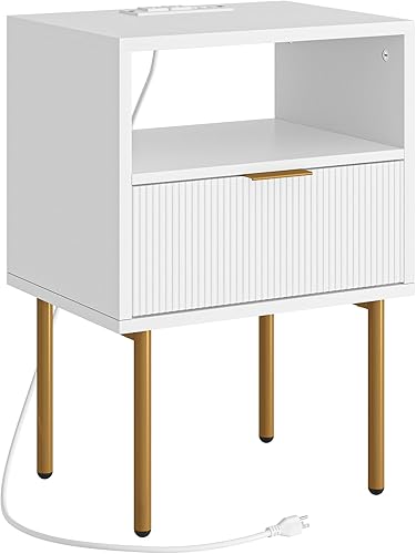 Miniatura 9 de AEPOALUA Mesita de noche con estación de carga, mesita de noche pequeña con cajón, mesita de noche, mesa auxiliar con marco dorado, cómoda con cajón