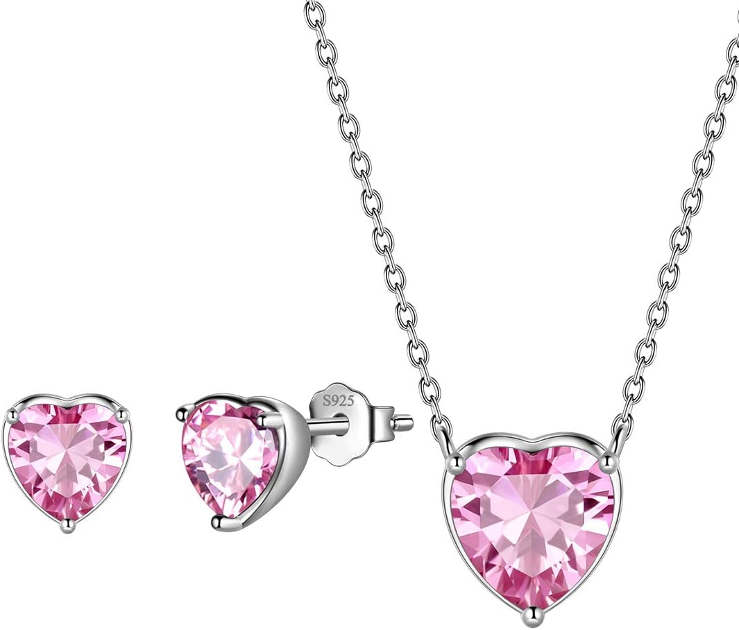 Aurora Tears Hearts Necklace Earrings Jewelry Sets – Women 925 Sterling Silver Birthstone Pendants Earrings Set Crystal Wedding Birthday Jewelry