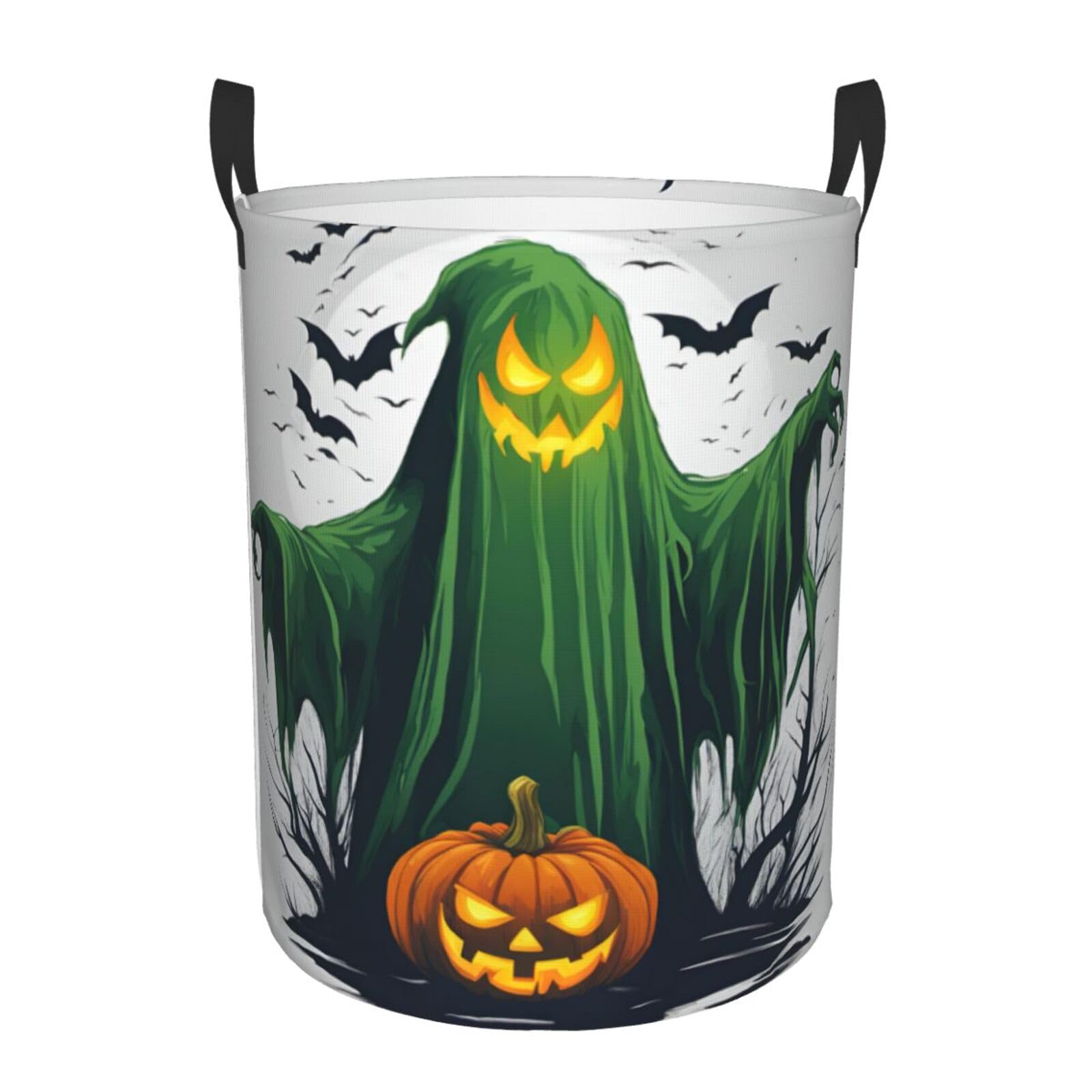 S Collapsible Laundry Hamper Round Green Ghost Horror Halloween Pumpkin Print Storage