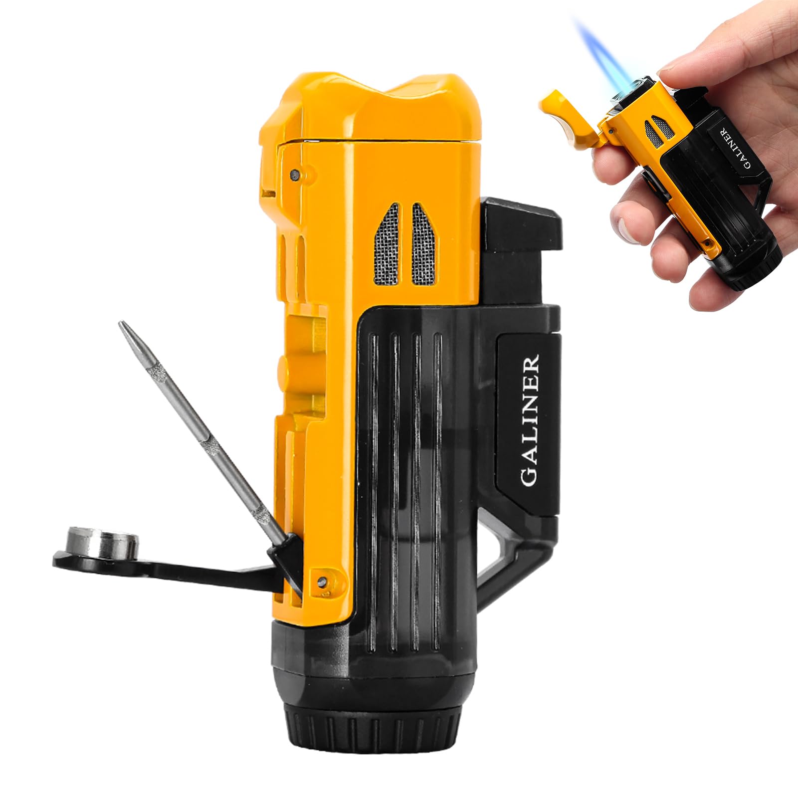 Galiner Yellow Torch Cigar Lighter with Cigar Holder Cigar Punch Cigar Draw Enhancer Tool Cigar Needle Screw Anti-Hot Draw Tool Windproof Gas Butane Lighter Refillable with Gift Box for Smoking