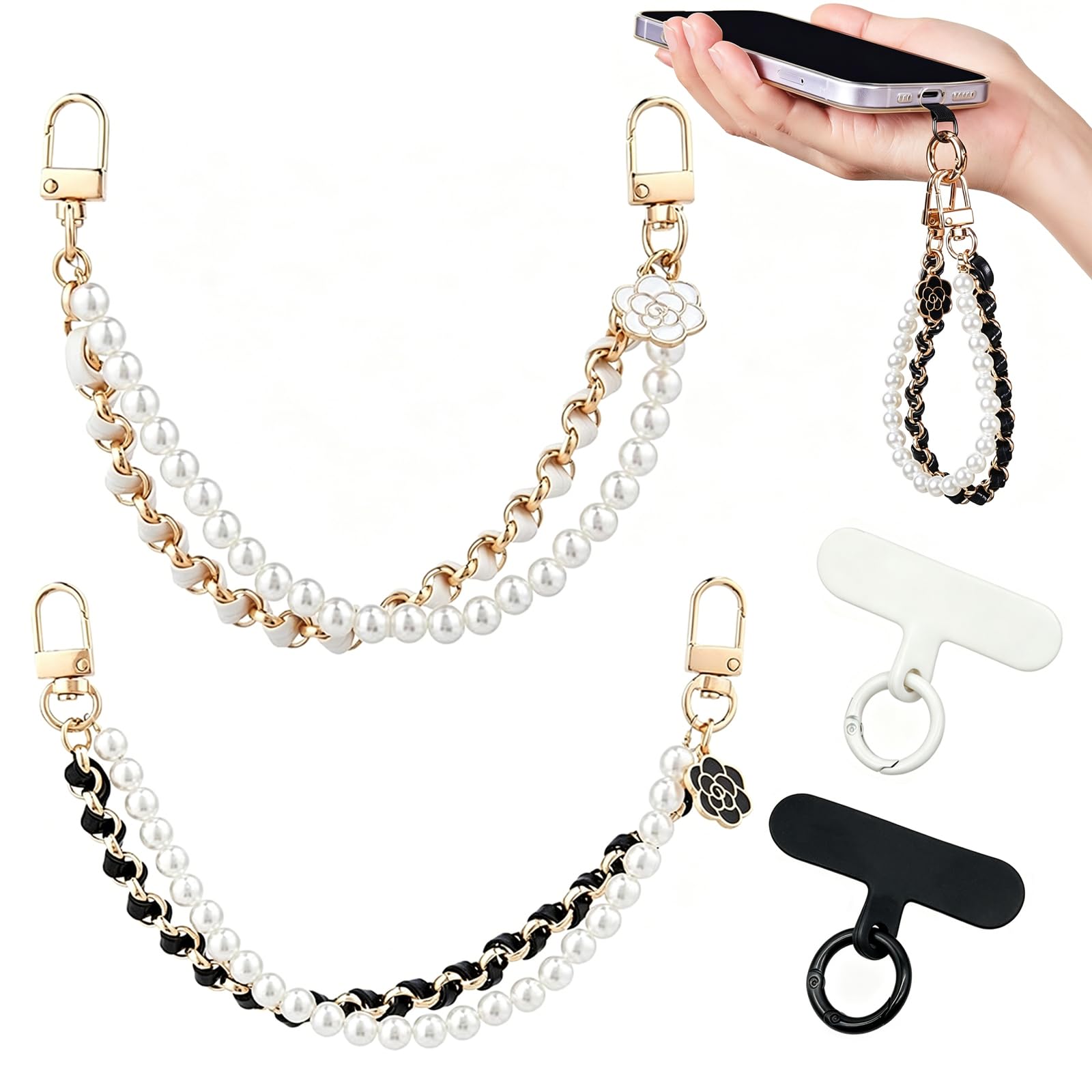 2-Piece Beaded Phone Chain Set, Detachable Mobile Sling Chain and Phone Wrist Strap with Lanyard Tethers, Anti-Drop Double-Chain Phone Charm for Women (Black and White)-image-27