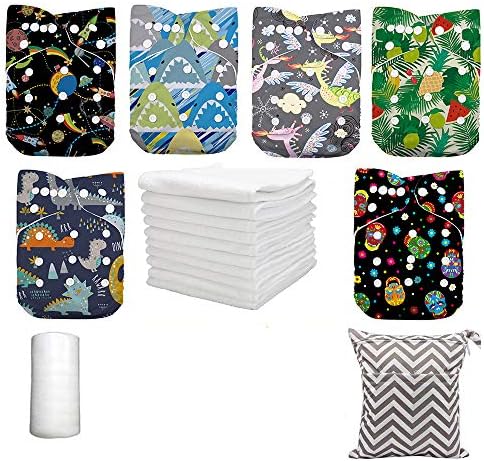 Baby Cloth Diapers One Size Adjustable Washable Reusable for Baby Girls Boys 6 Pack + 6 Insert and Wet Diaper Bags(Color09)
